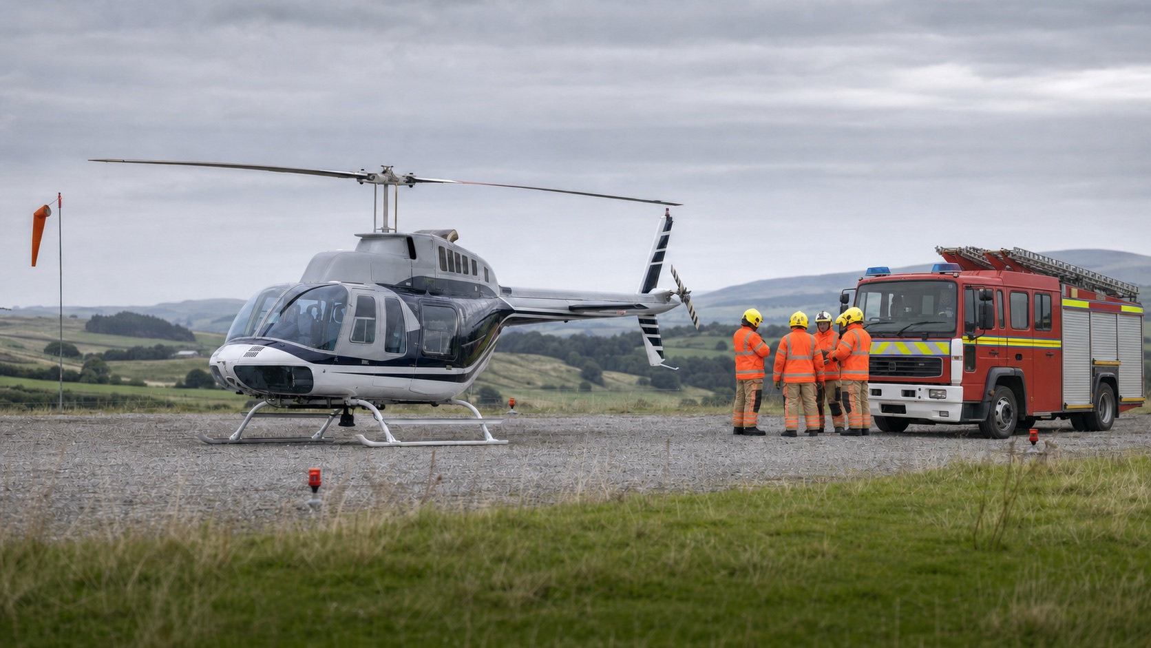 Civilian helicopter with aviation fire crew and response vehicle at a temporary landing site