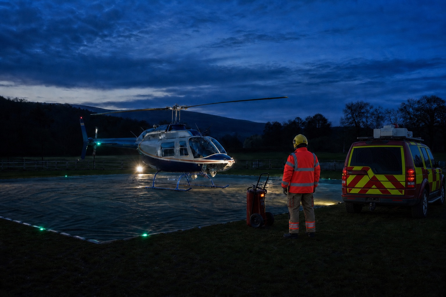 Helicopter, temporary landing lights and fire standby during a low-light operation