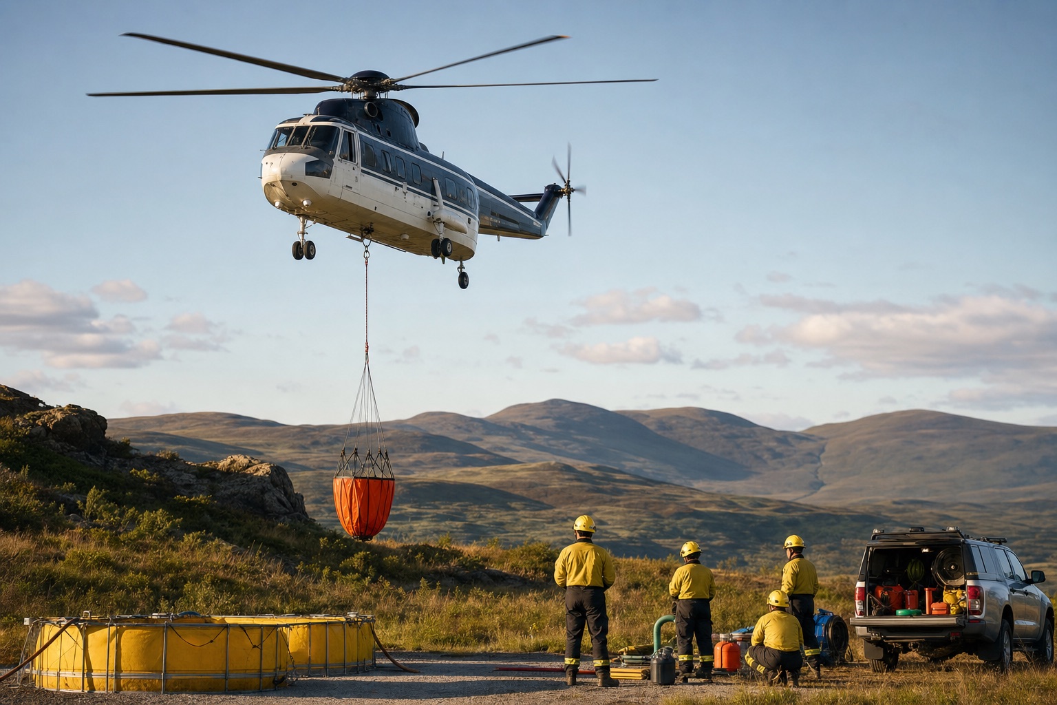 Aerial firefighting helicopter carrying a Bambi bucket above a remote wildfire operating location