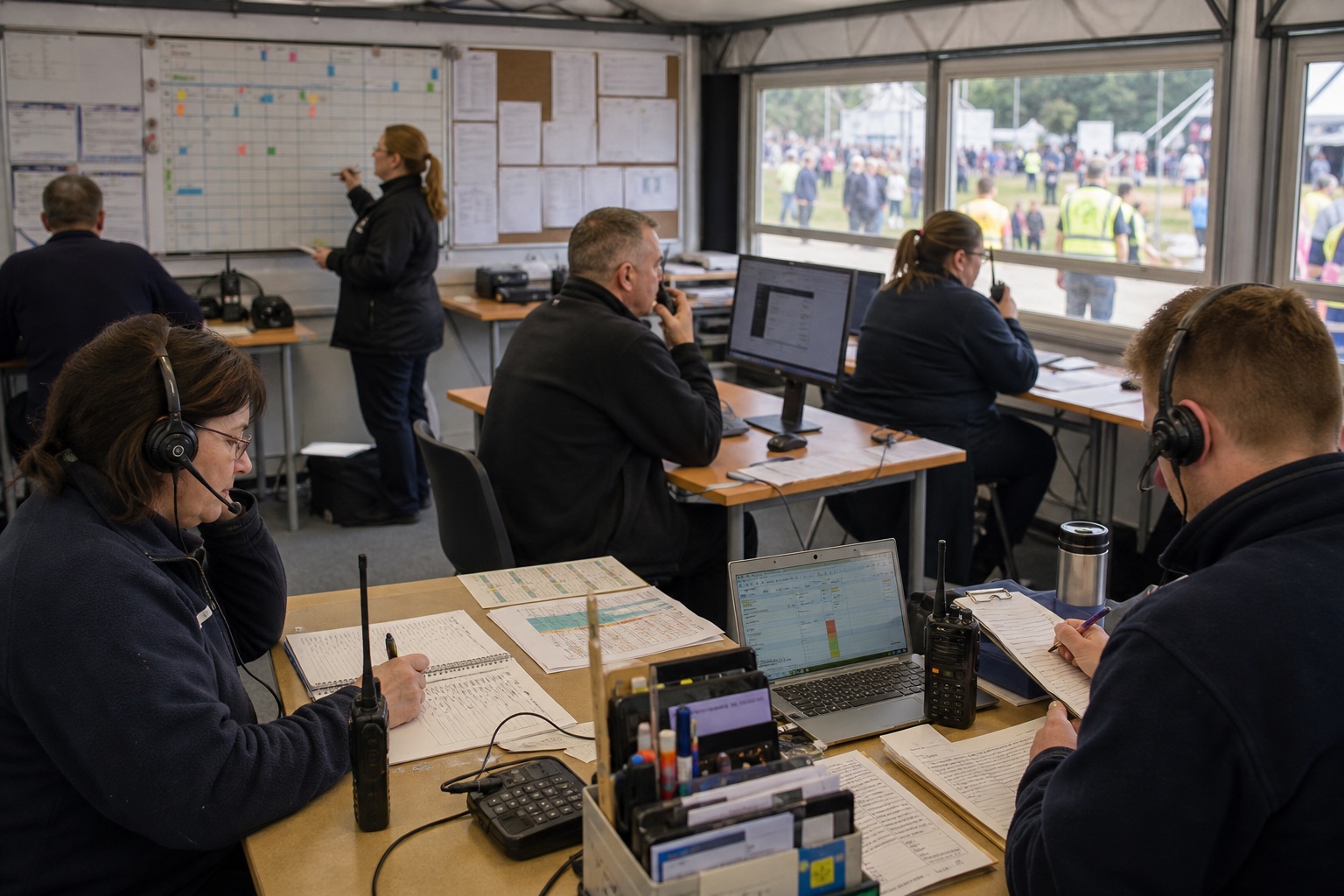 Incident loggists and radio controllers working in a UK event control room