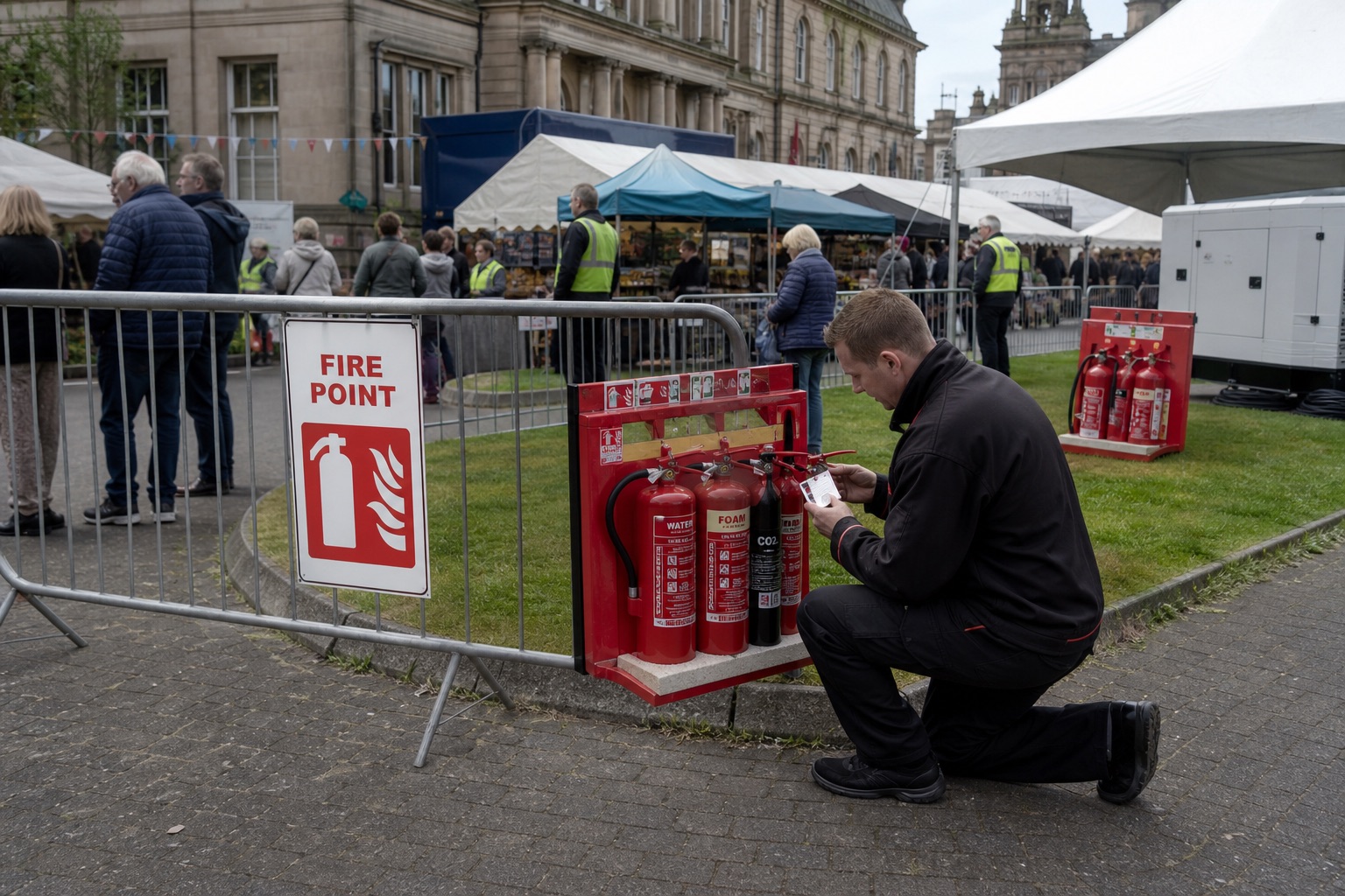 Temporary fire extinguishers being inspected at a British public event