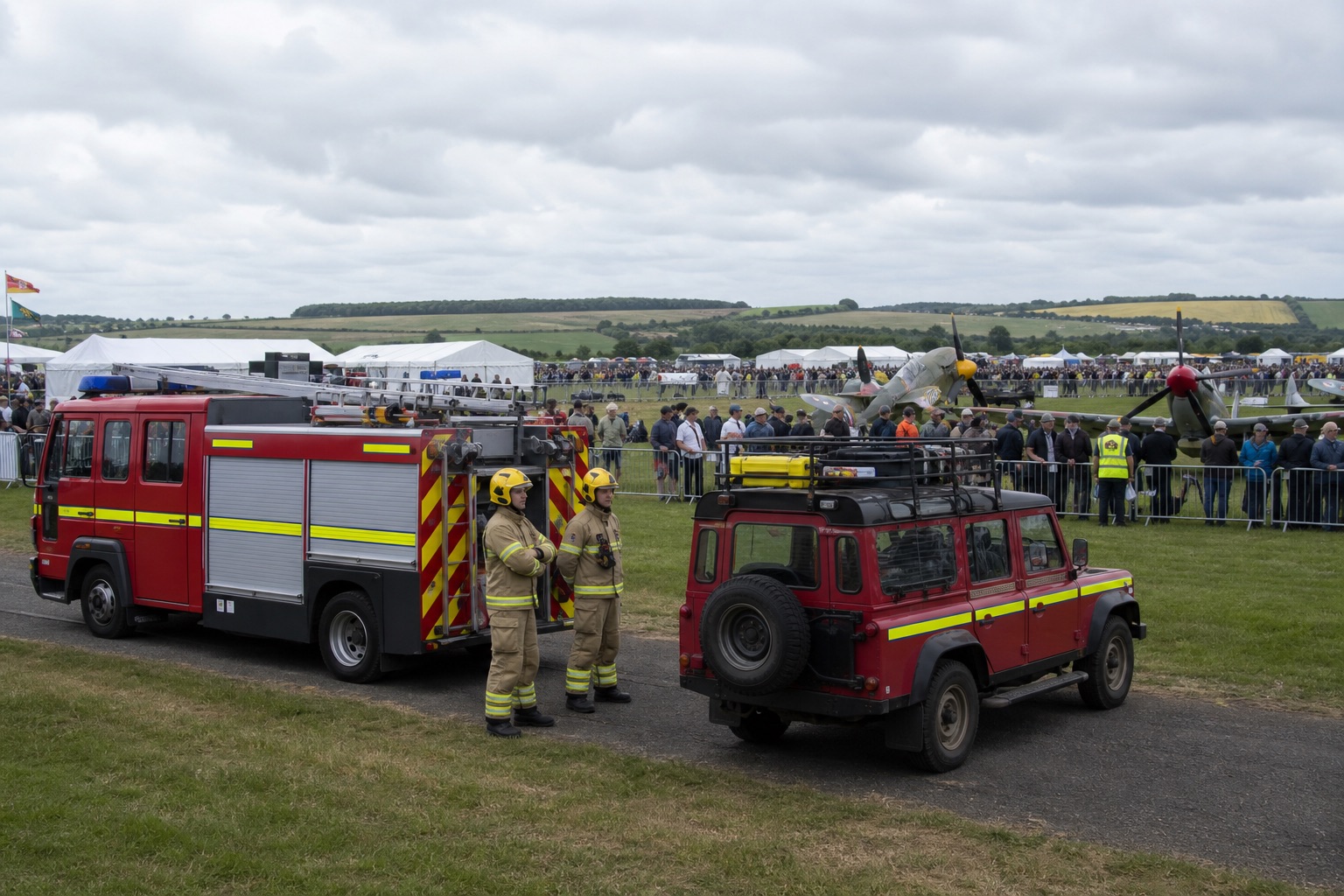 UK firefighters and appliances covering a British agricultural and air show