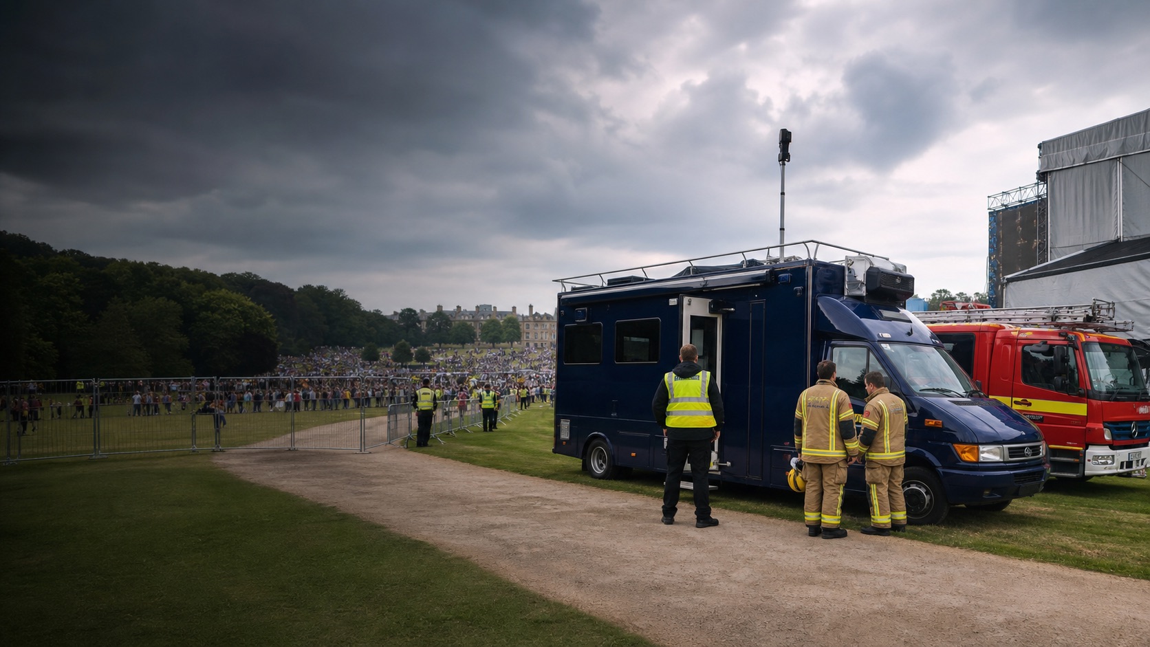 UK public event with mobile command unit and fire crew ready on a service route