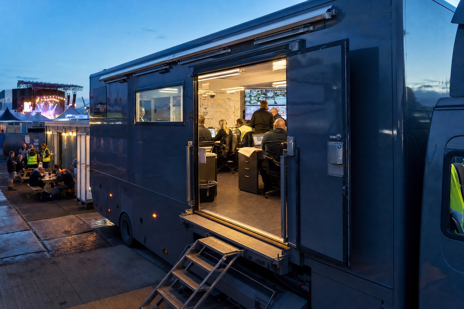 Mobile UK festival command unit with operators and CCTV displays