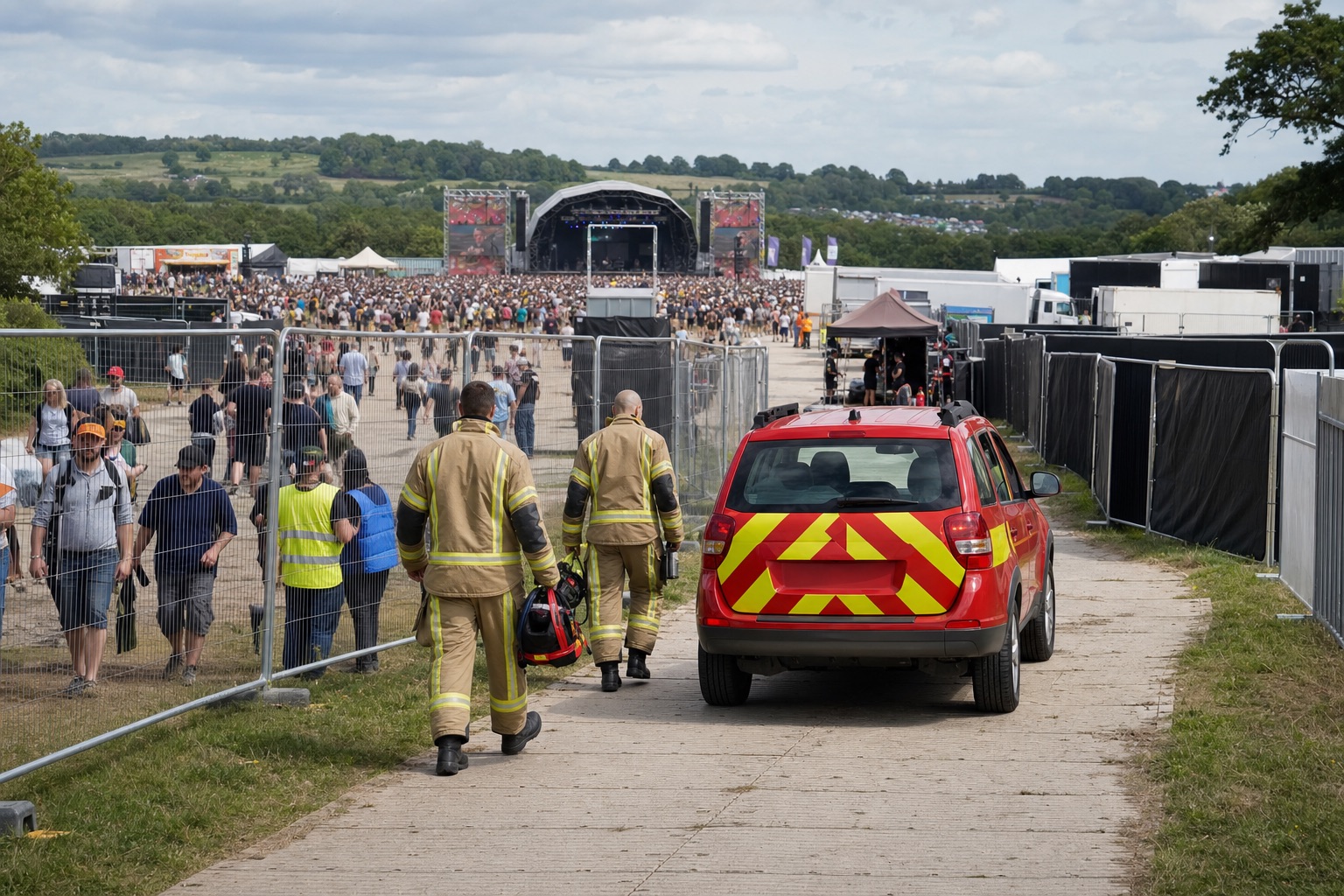 UK firefighters patrolling between a festival arena and production compound