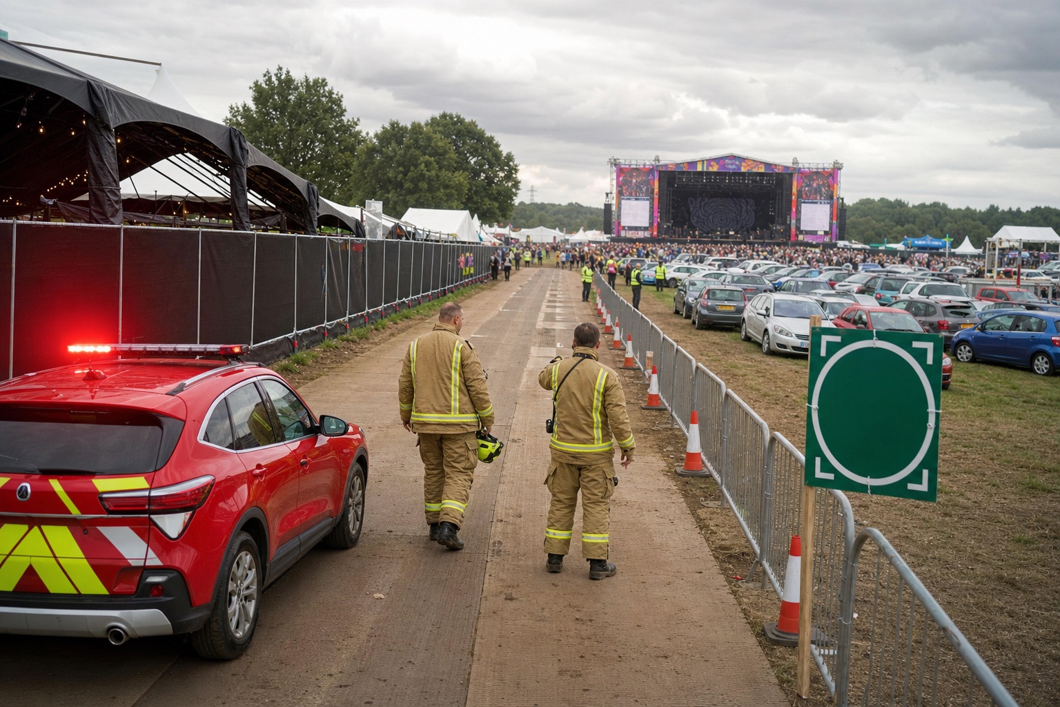 UK fire crew inspecting a protected emergency access lane through a festival site