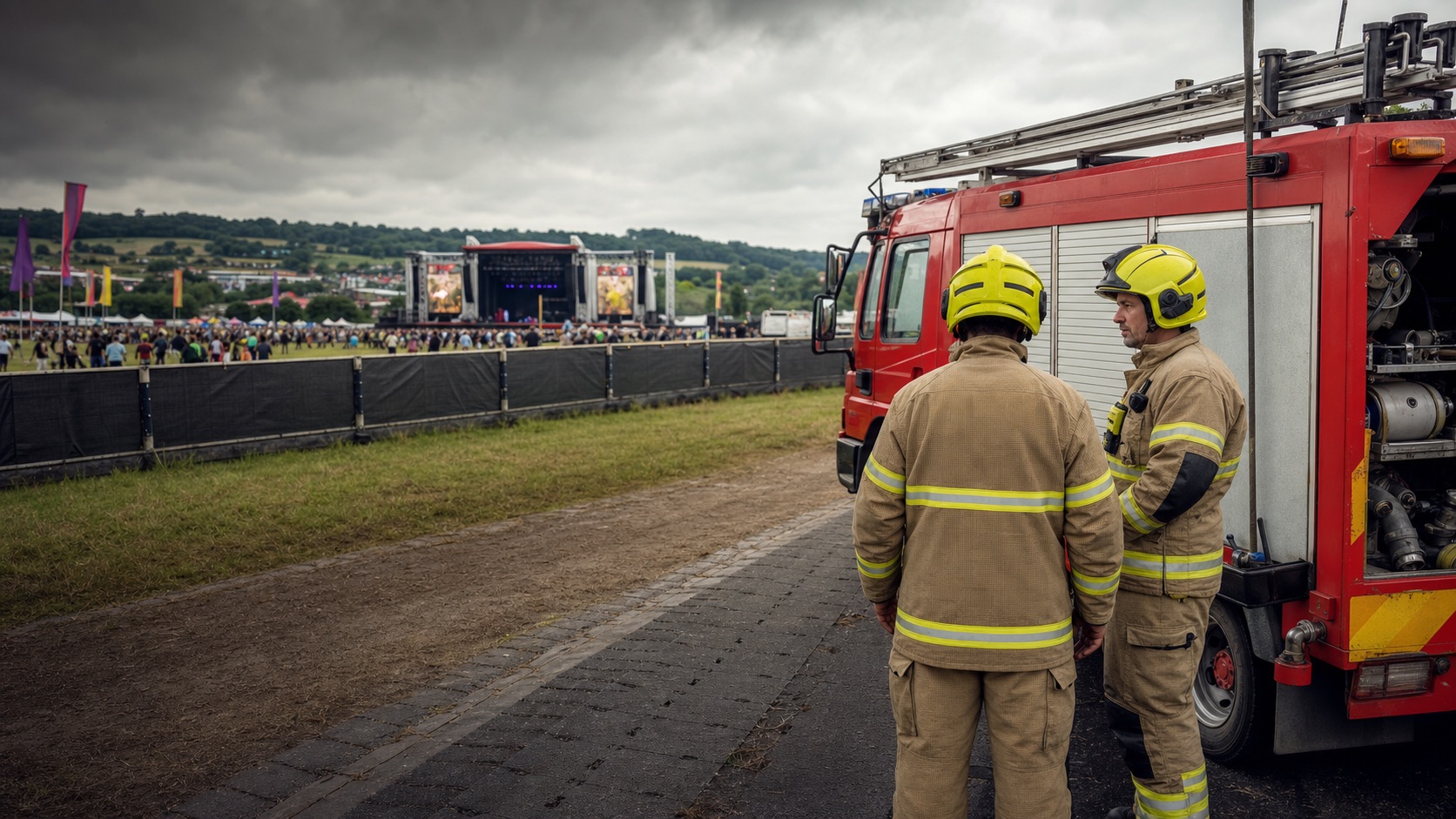 UK festival fire crew and appliance positioned beside a British outdoor music festival