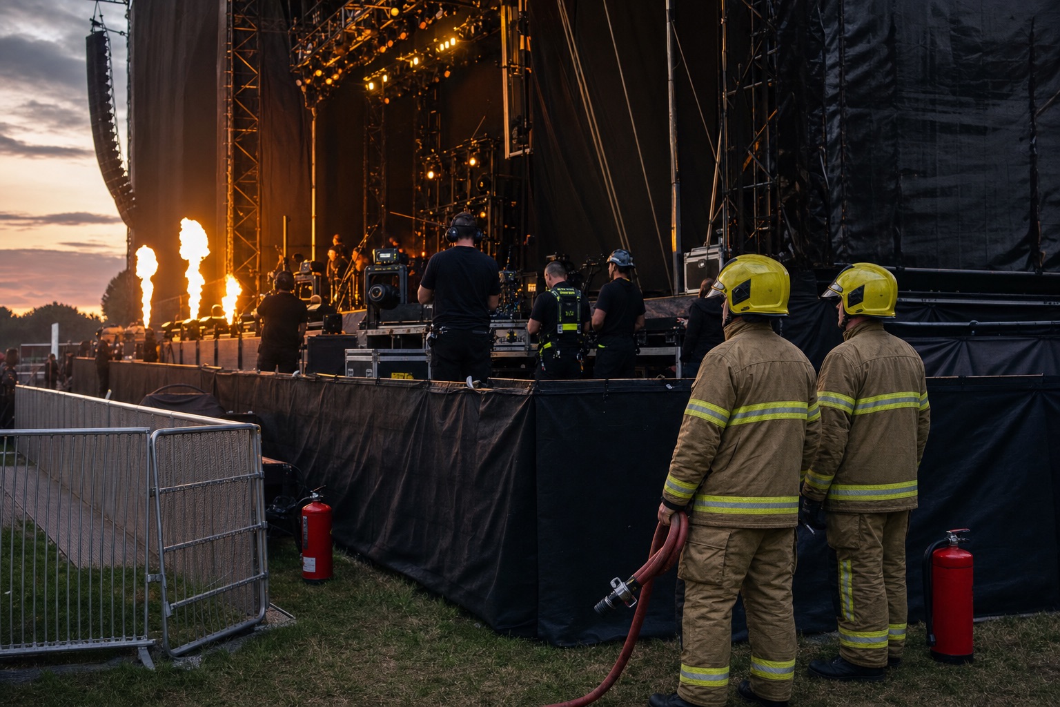 UK firefighters standing by during a controlled festival stage flame-effect rehearsal