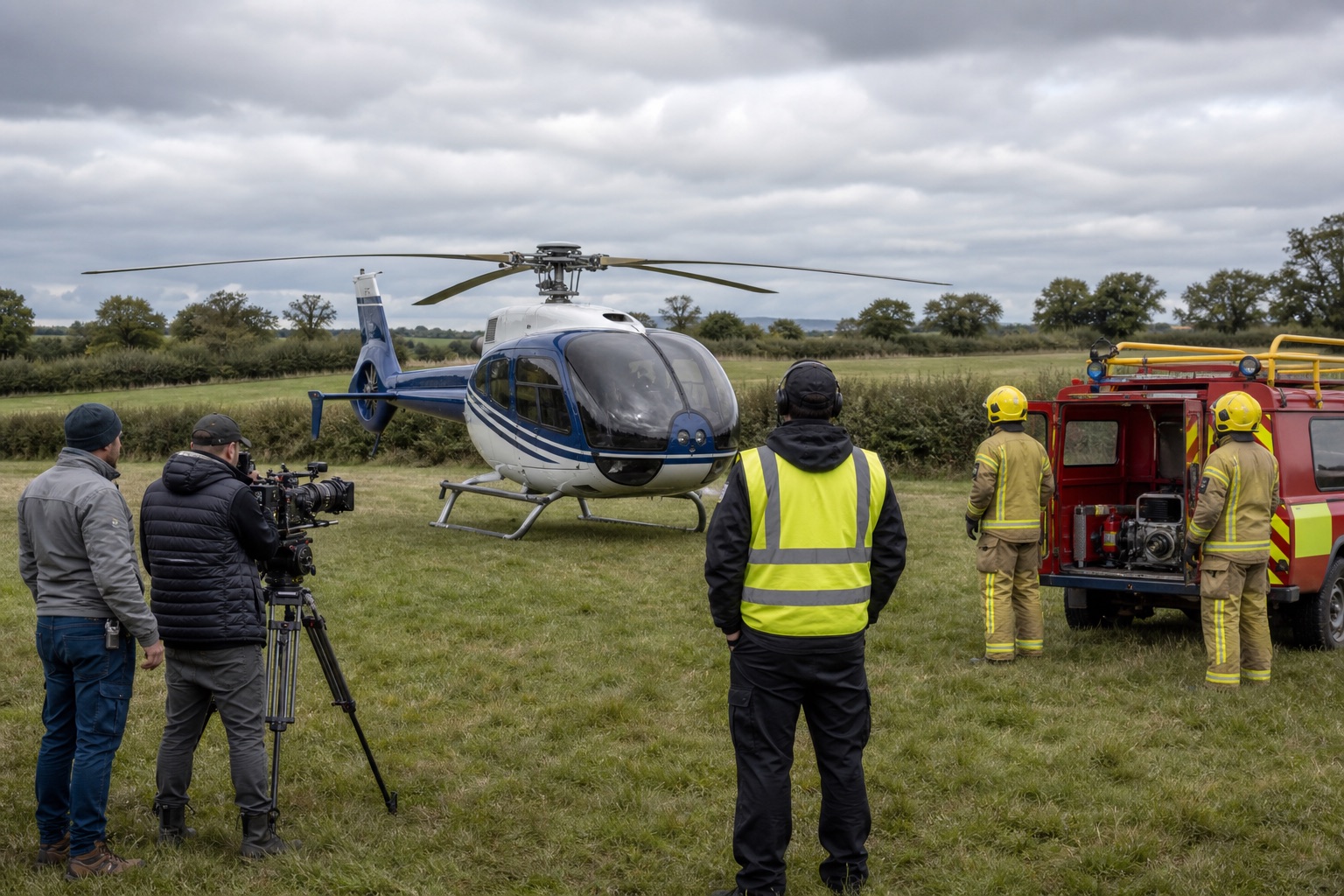 UK film crew and fire-cover team at a temporary helicopter landing site