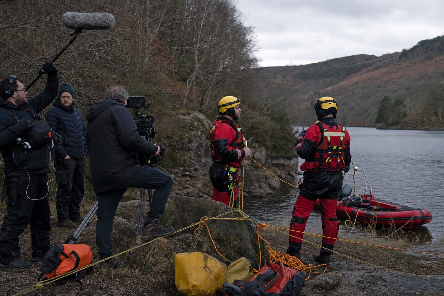 UK rescue team standing by beside a remote reservoir during filming