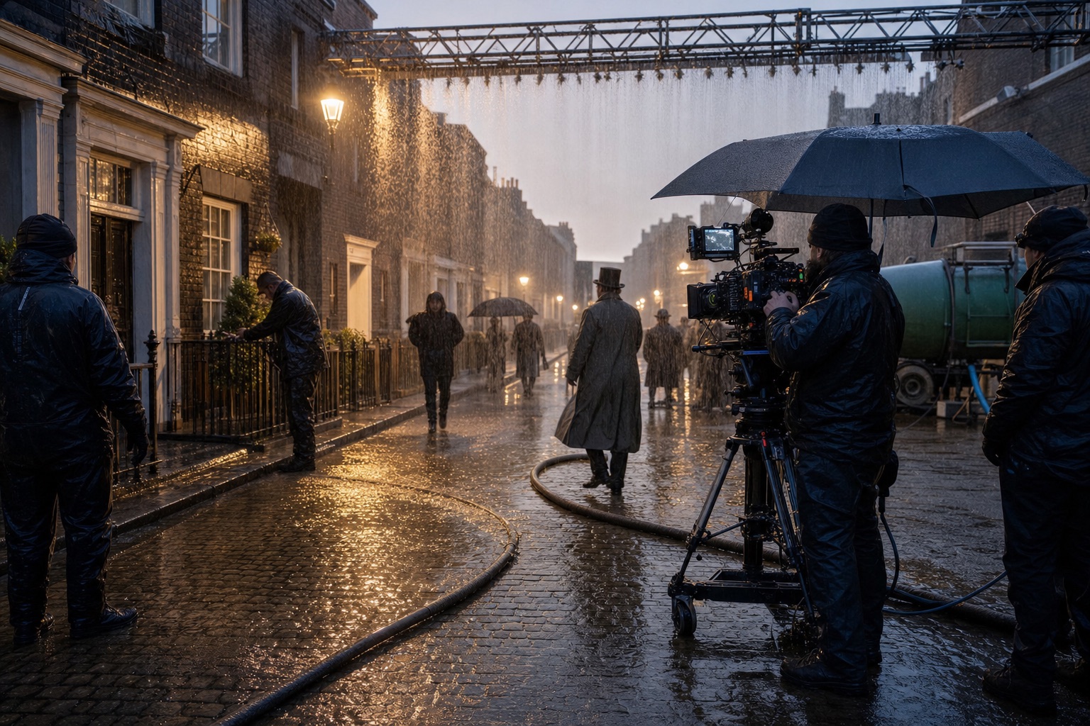 Rain effect being filmed on a British street set using professional water equipment