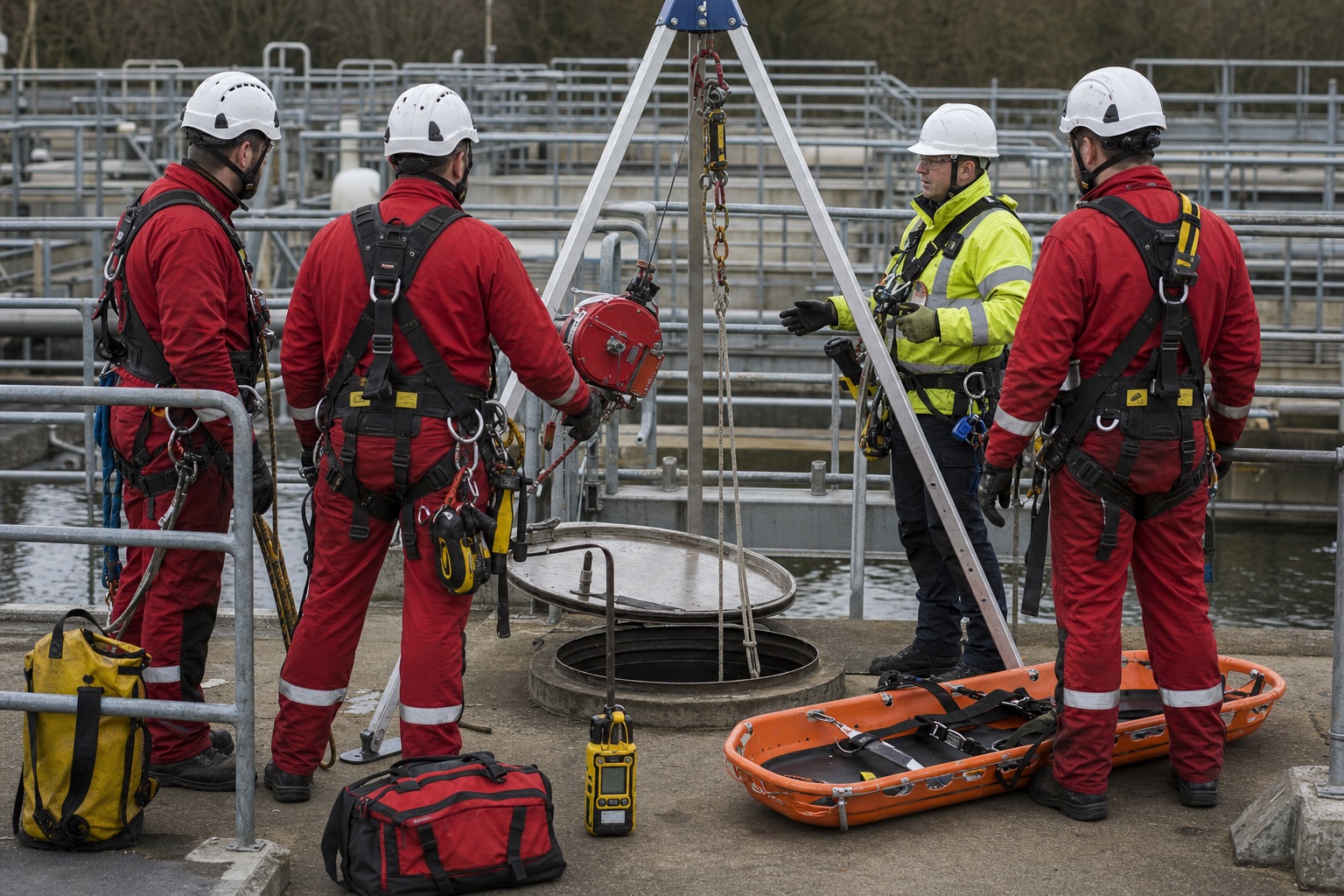 UK confined-space rescue team preparing equipment beside an industrial tank access