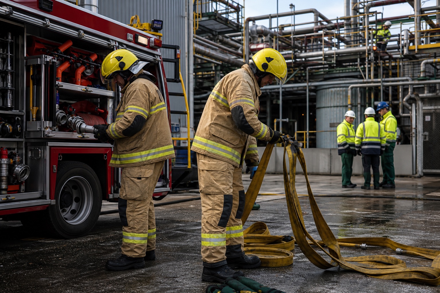 UK firefighters preparing temporary fire cover at an industrial plant
