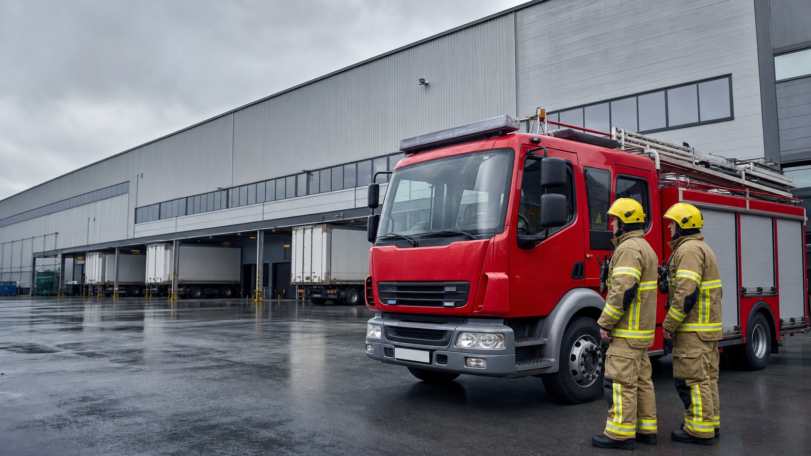 UK firefighters and fire appliance outside a British distribution facility