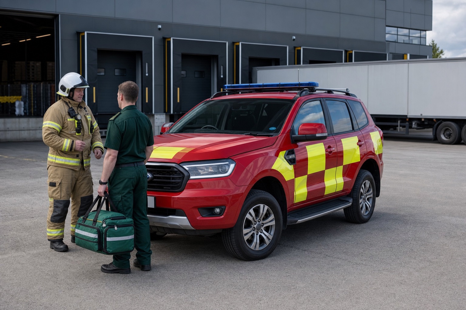 UK rapid intervention vehicle with fire and medical responders at a logistics warehouse