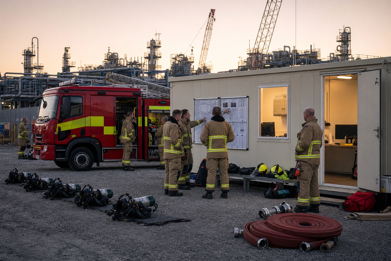 Temporary UK fire station and shift handover during an industrial shutdown