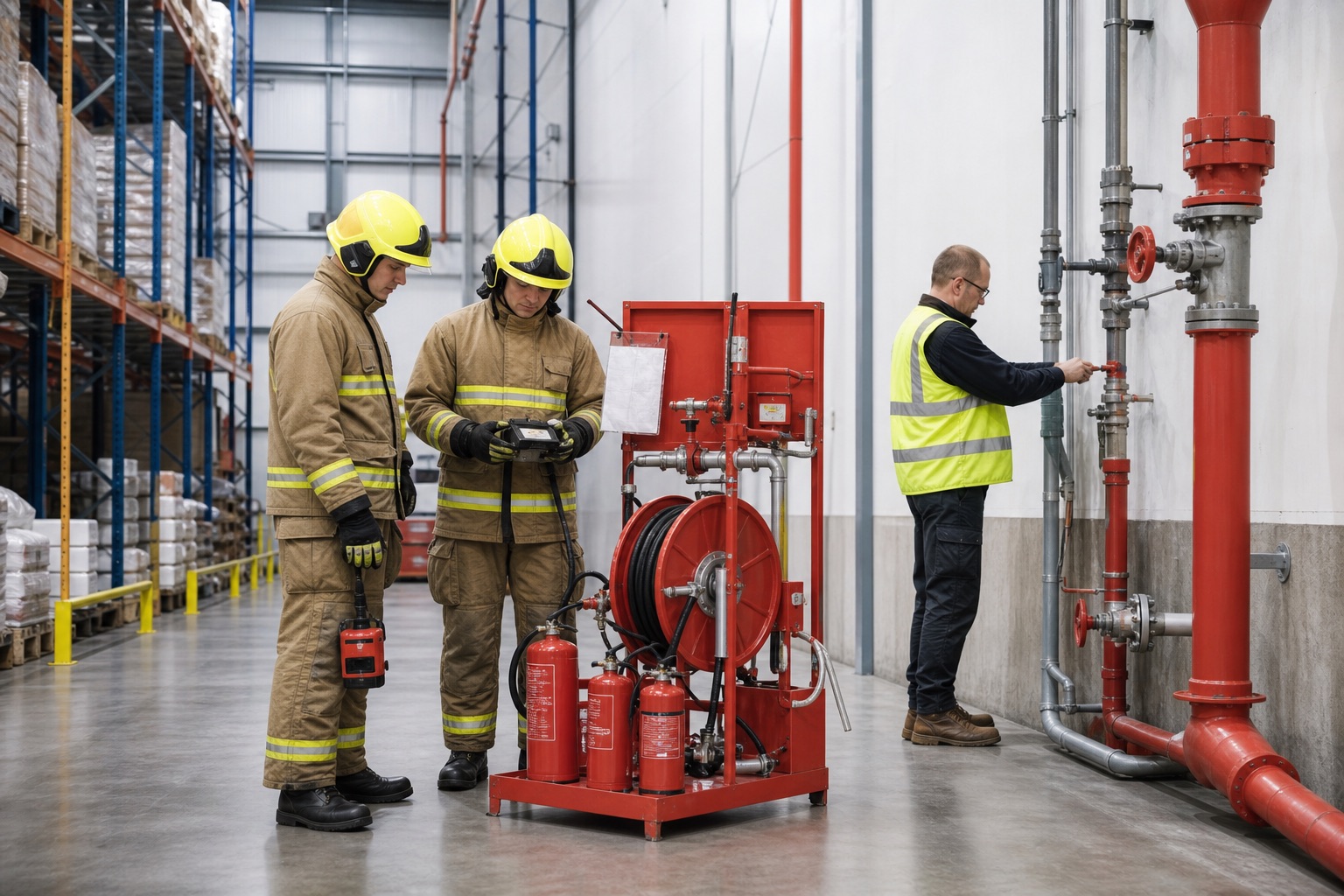 UK firefighters providing temporary protection while warehouse sprinkler equipment is isolated