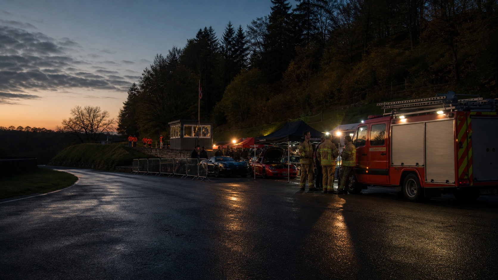 UK fire crew and appliance in a British hill-climb paddock at dusk
