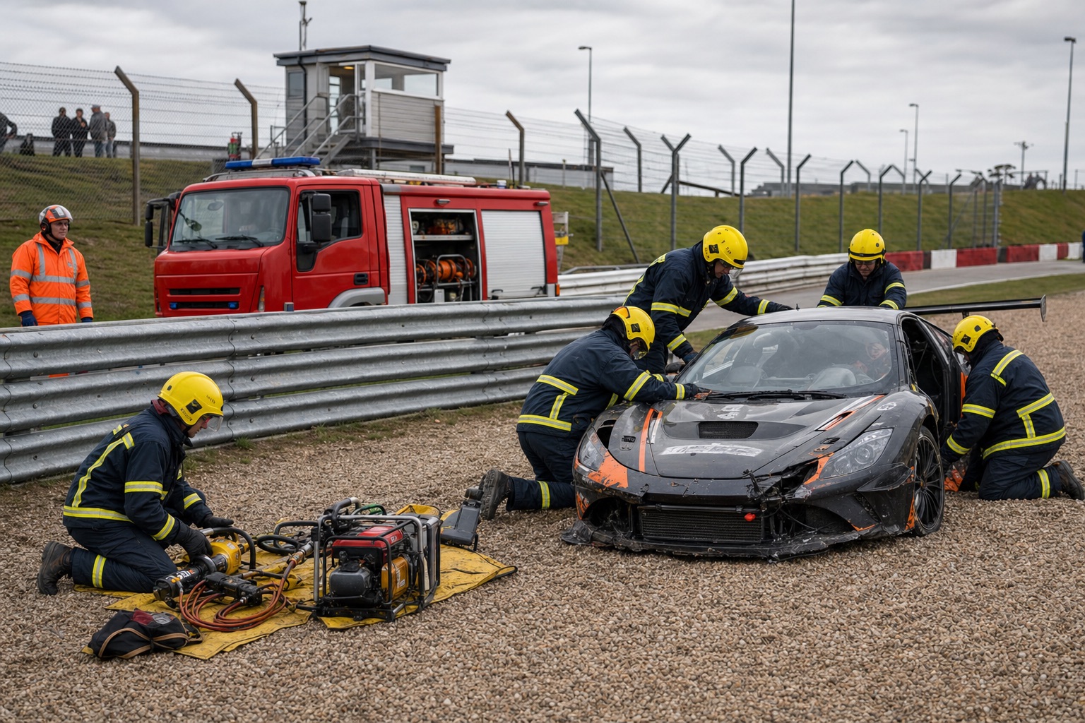 UK motorsport rescue crew preparing extrication equipment beside a race car