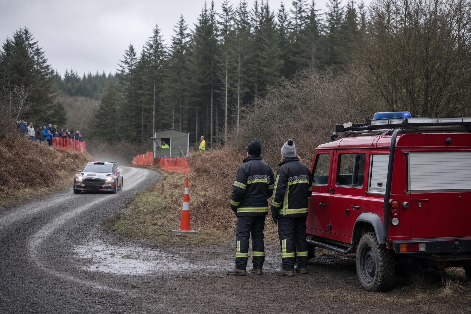 Fire and rescue crew covering a rally stage in a British forest