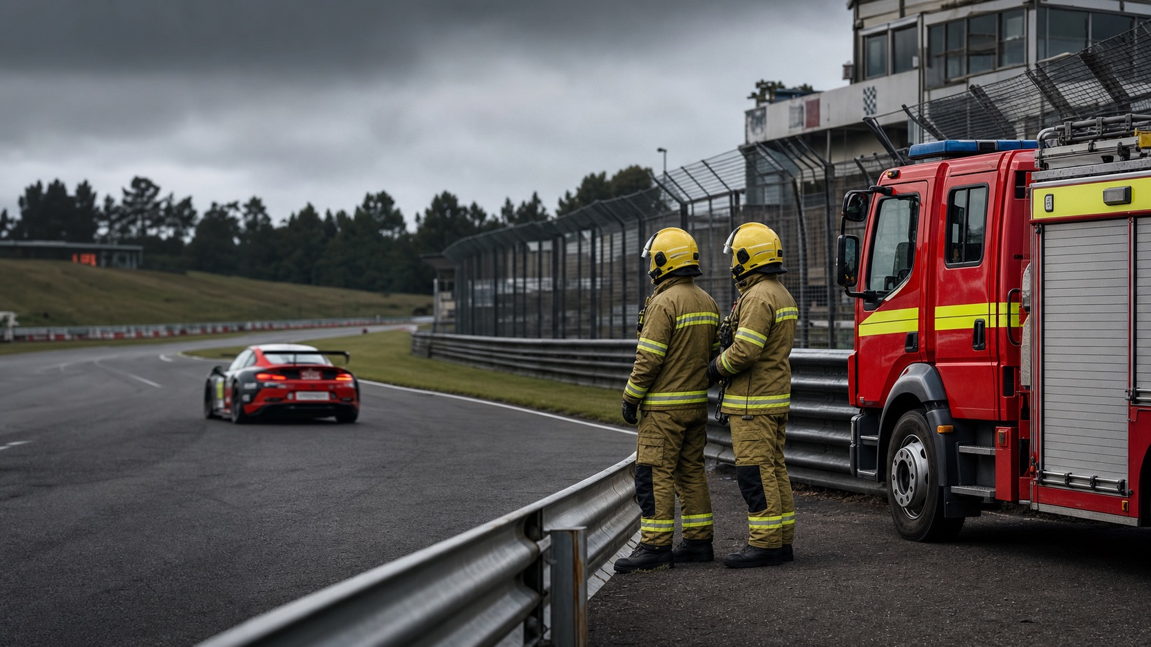 UK fire and rescue crew positioned beside a British race circuit