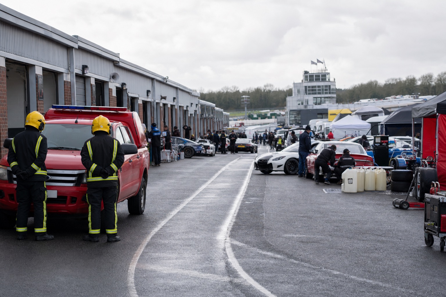 UK fire crew standing by in a busy British circuit paddock