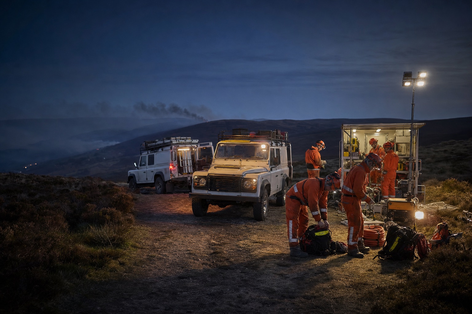Wildfire crews resupplying equipment beside off-road vehicles during a remote night operation