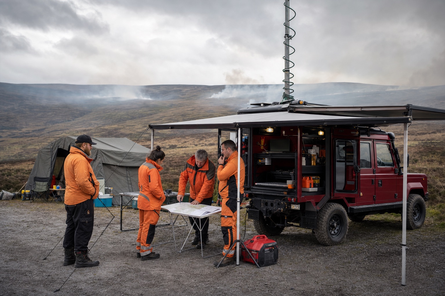 Temporary wildfire forward operating base with command vehicle, mapping table and communications mast