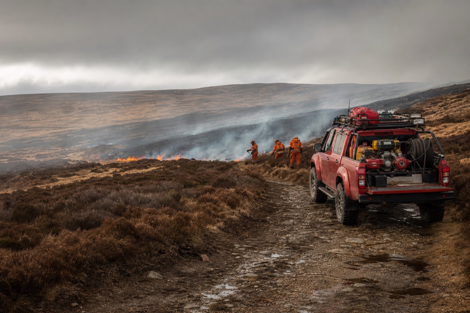 Off-road wildfire response vehicle and firefighters working on remote British moorland